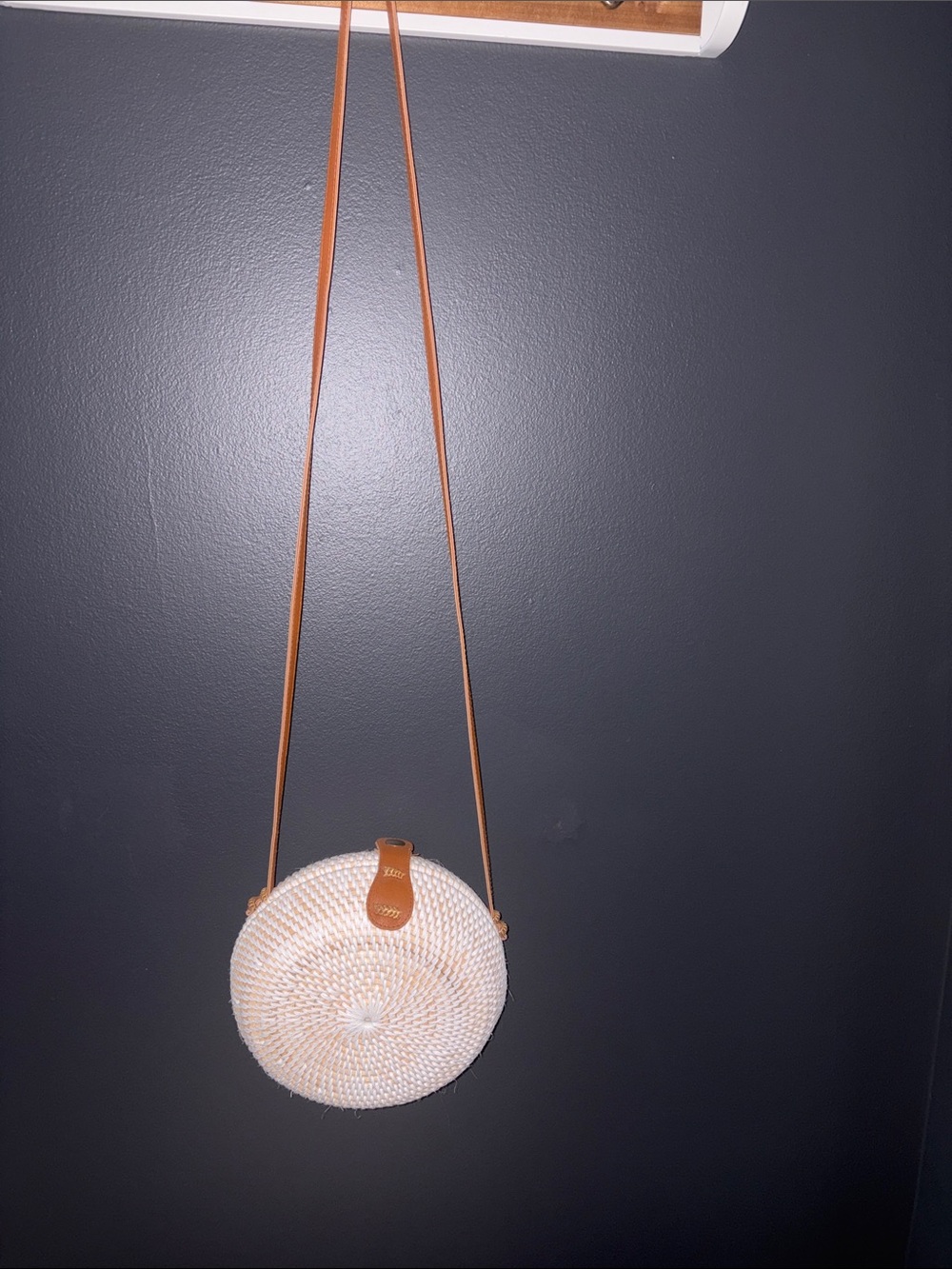 Woven Round Crossbody Bag - Cream with Tan Strap